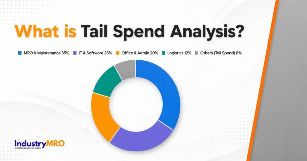 Donut chart showing procurement spend breakdown by category: MRO and Maintenance 35%, IT and Software 25%, Office and Admin 20%, Logistics 12%, and Others including tail spend 8%