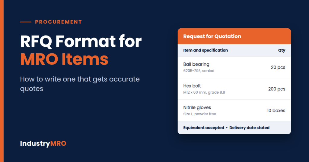 RFQ format for MRO items: sample request for quotation table with item specifications and quantities